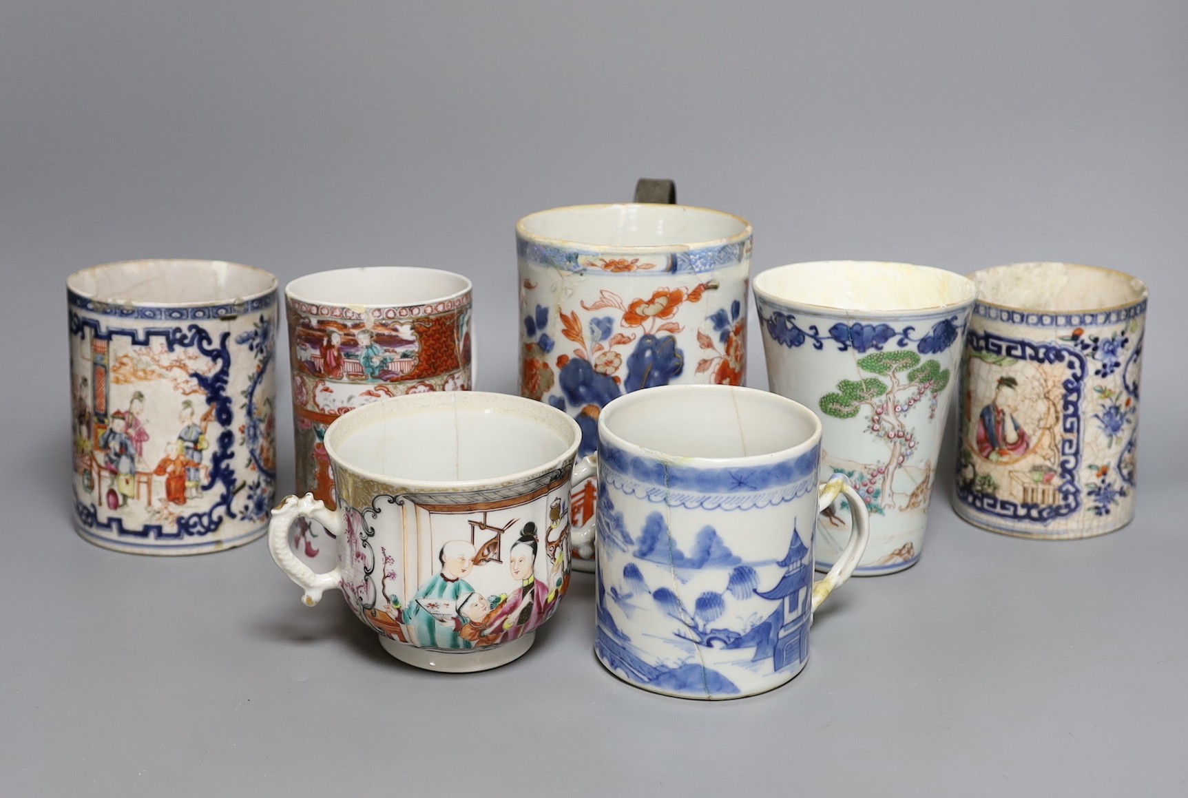 Seven various Chinese tankards, mostly export, 18th century and later (a.f)